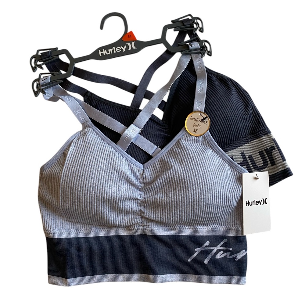 NWT Hurley Two Pack Ribbed Pull Over Bras. Cross Back. Removable Cups. Sz. M